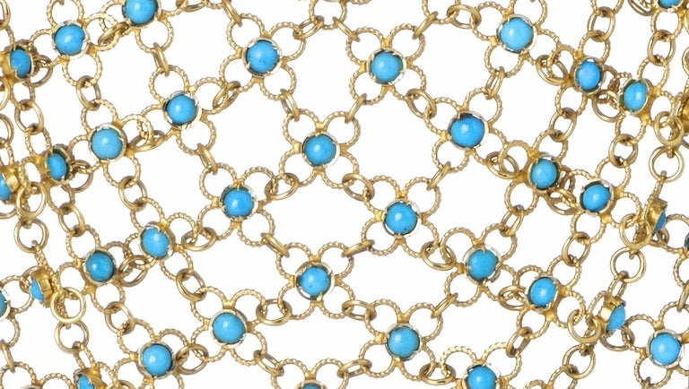 Hand-Crafted Gold Necklace with Turquoises Art Deco France, Early 20th Century For Sale