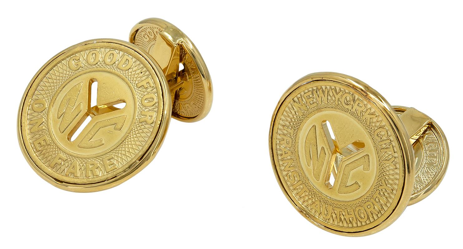 Unique double-sided cufflinks:  NYC subway tokens, engraved 