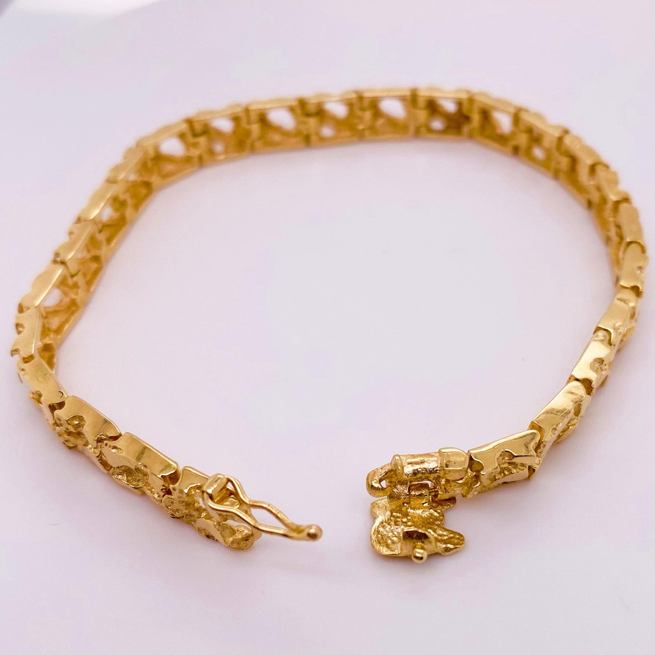 Retro Gold Nugget Bracelet, 14 Karat Yellow Gold, Gold Nugget Link circa 1978 Brac For Sale