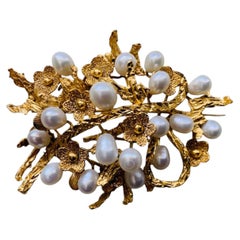 Gold Nugget Design 14K Gold and Culture Pearls Brooch