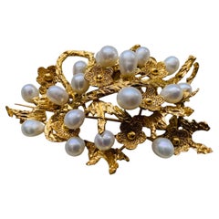Gold Nugget Design 14K Gold and Culture Pearls Brooch