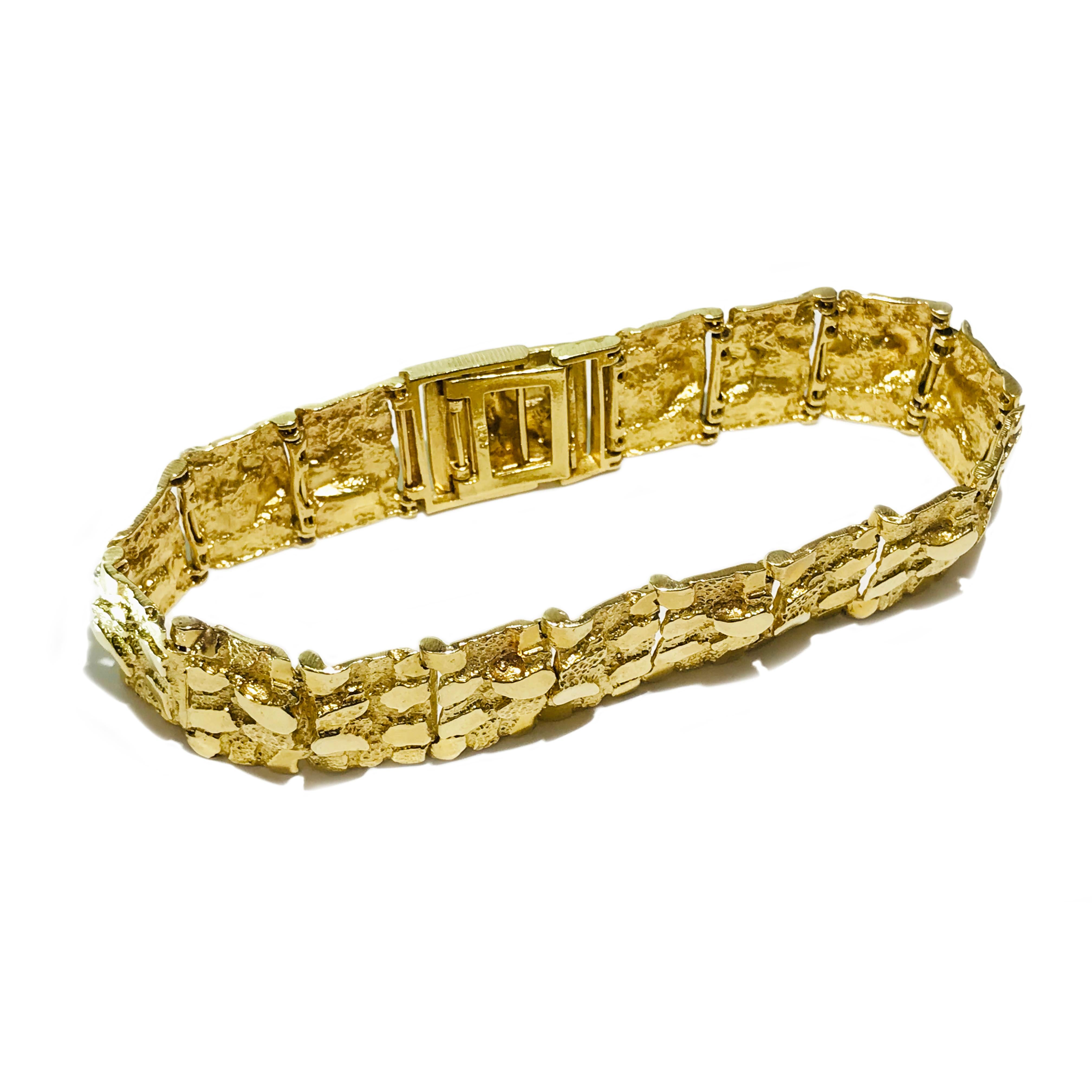 Retro Gold Nugget Pattern 14K Heavyweight Bracelet For Sale