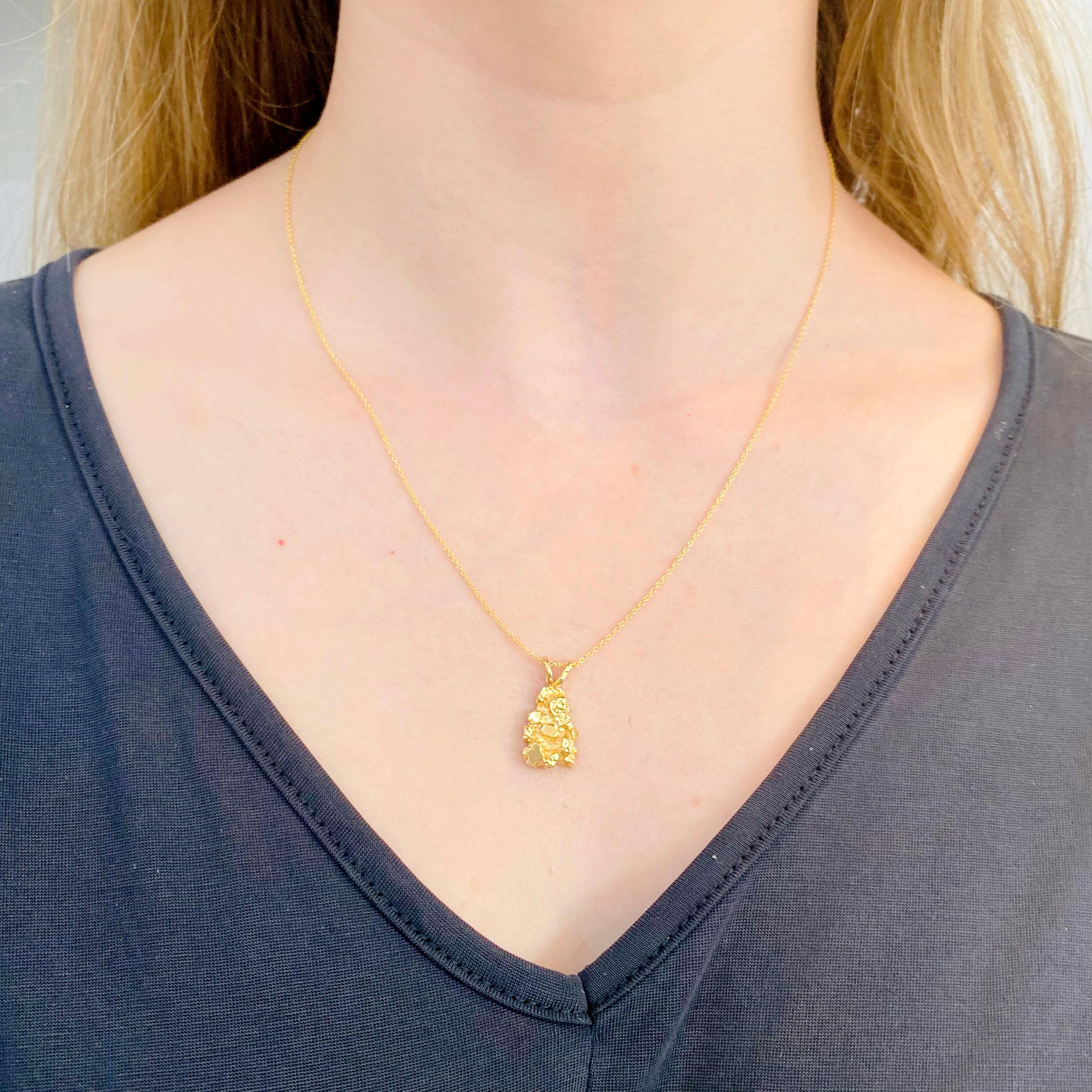 Mary Rupert has been designing jewelry since 1978 and this nugget pendant is one of her original designs from 1979. She has brought this design back and it is more popular than ever! The special processing of the 14 karat yellow gold gives it this
