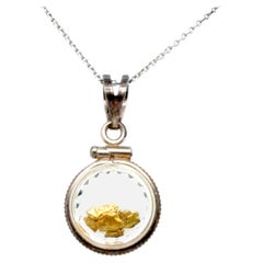 Gold Nugget Pendant Necklace Pure 24K Yellow Gold Sterling Silver Holder