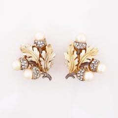 Gold Oak Leaf and Pearl Acorn Earrings By Crown Trifari, 1950s