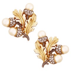 Vintage Gold Oak Leaf and Pearl Acorn Earrings By Crown Trifari, 1950s