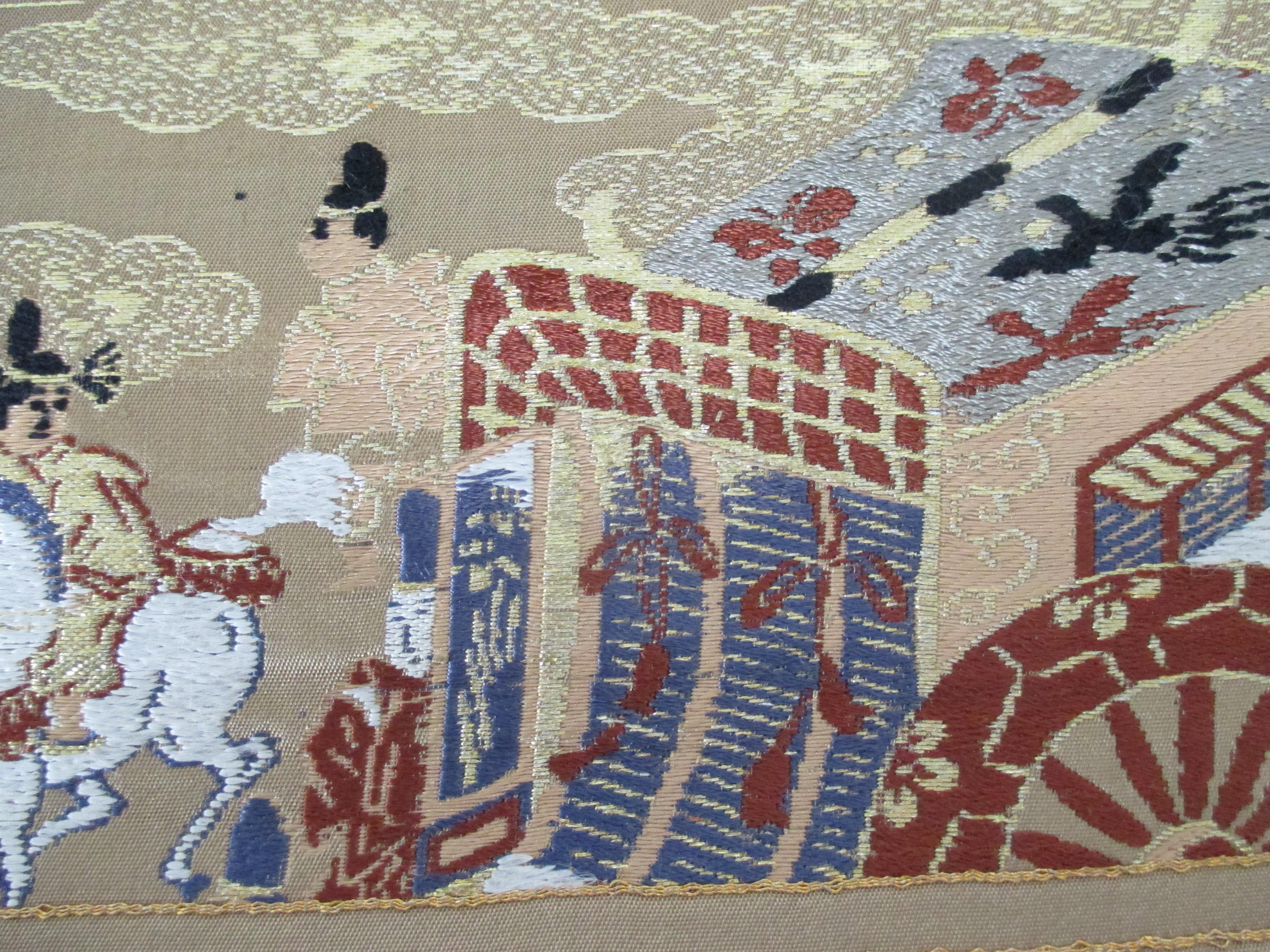 Mid-20th Century Gold Obi Textile with Street Scene with Chariot For Sale