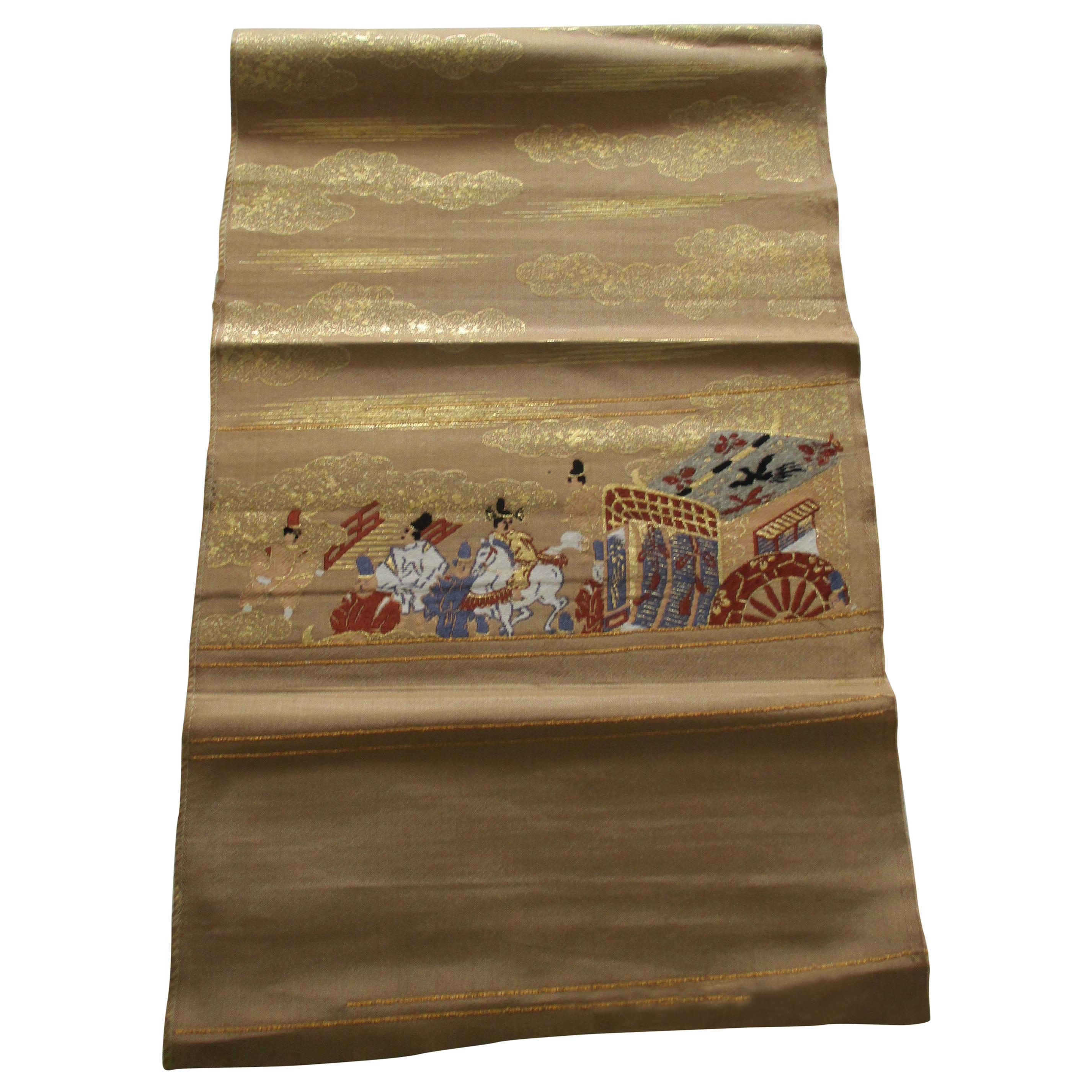 Gold Obi Textile with Street Scene with Chariot For Sale