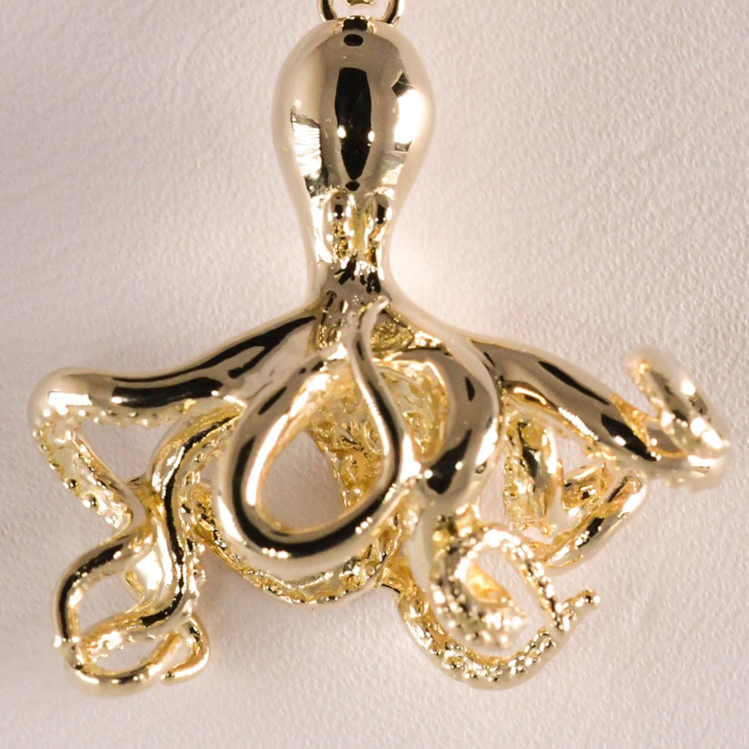 Unique 3 dimensional octopus pendant crafted in 14 karat yellow gold. The pendant measures 1 1/4 inch long (with bail) and 7/8 inch wide. The weight is 7.8 grams. The condition is excellent. (Chain not included). 
