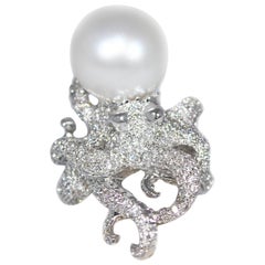 Gold Octopus Ring with Pearl and White Diamonds