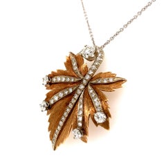 Gold Old European Cut Diamond Leaf Brooch Pendant