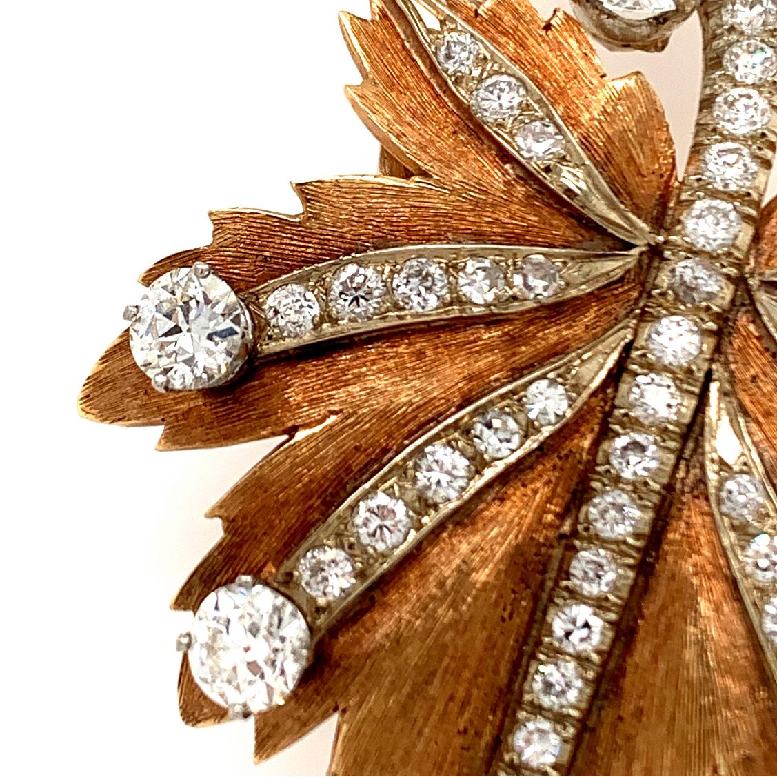Victorian Gold Old European Cut Diamond Leaf Brooch Pendant For Sale