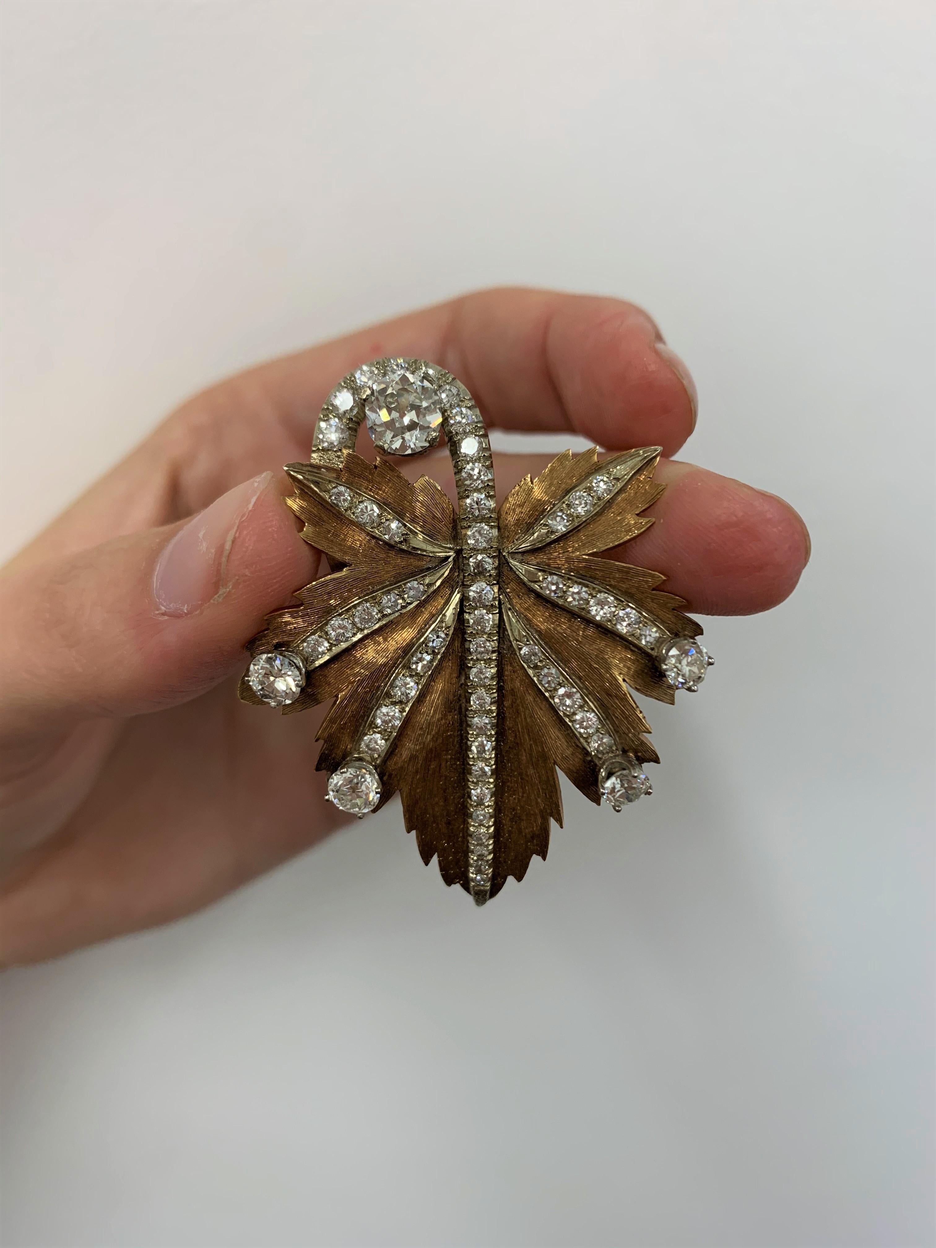 Women's or Men's Gold Old European Cut Diamond Leaf Brooch Pendant For Sale