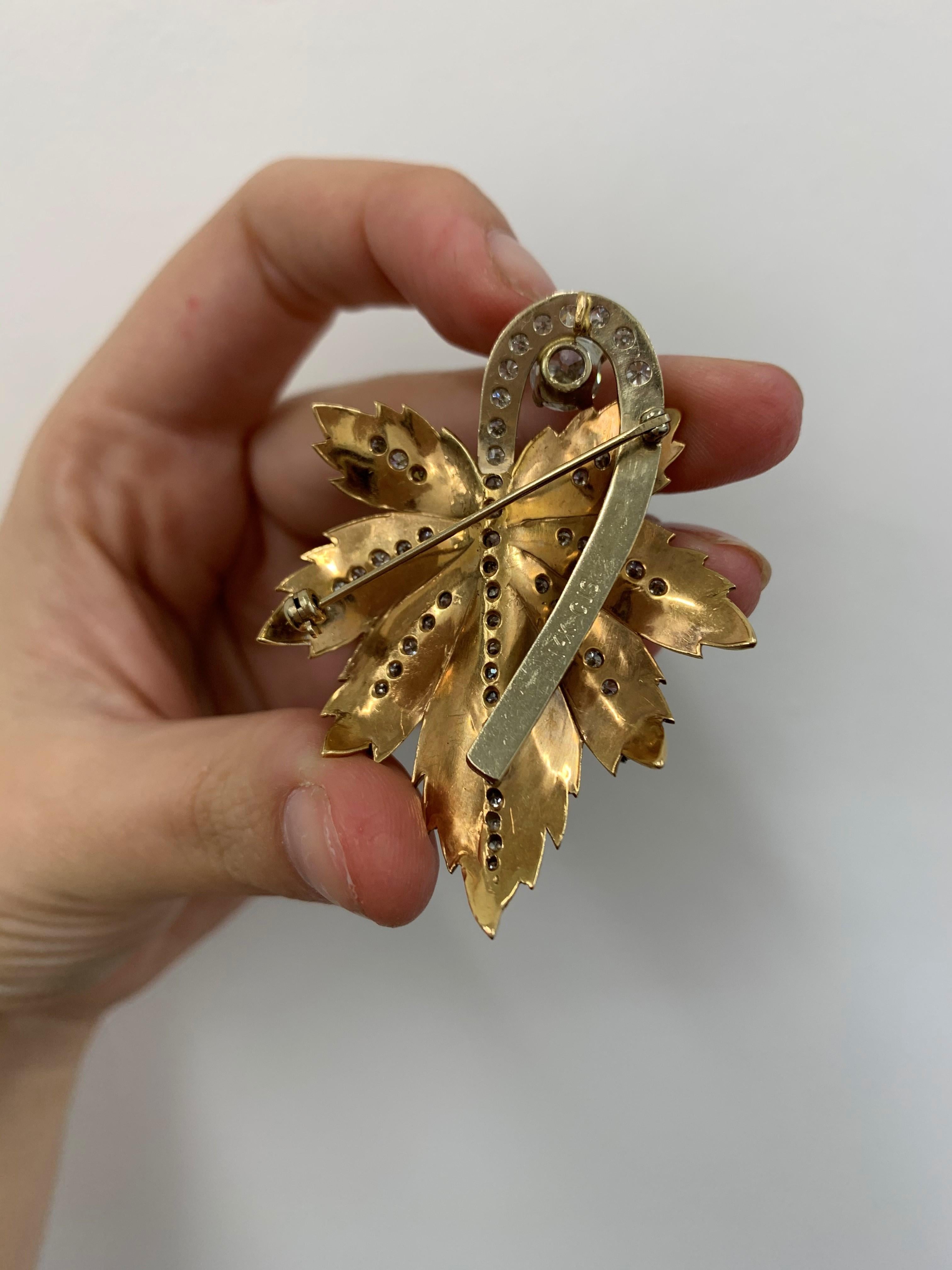 Gold Old European Cut Diamond Leaf Brooch Pendant For Sale 1