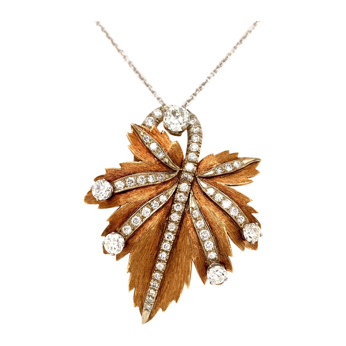 Gold Old European Cut Diamond Leaf Brooch Pendant For Sale