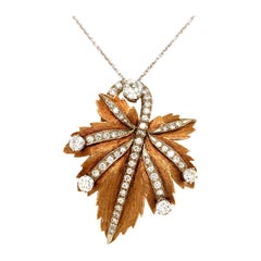 Gold Old European Cut Diamond Leaf Brooch Pendant