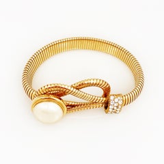 Gold Omega Bracelet with Pearl and Crystal Accents by Bijoux Cascio, 1980s