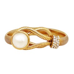 Vintage Gold Omega Bracelet with Pearl and Crystal Accents by Bijoux Cascio, 1980s