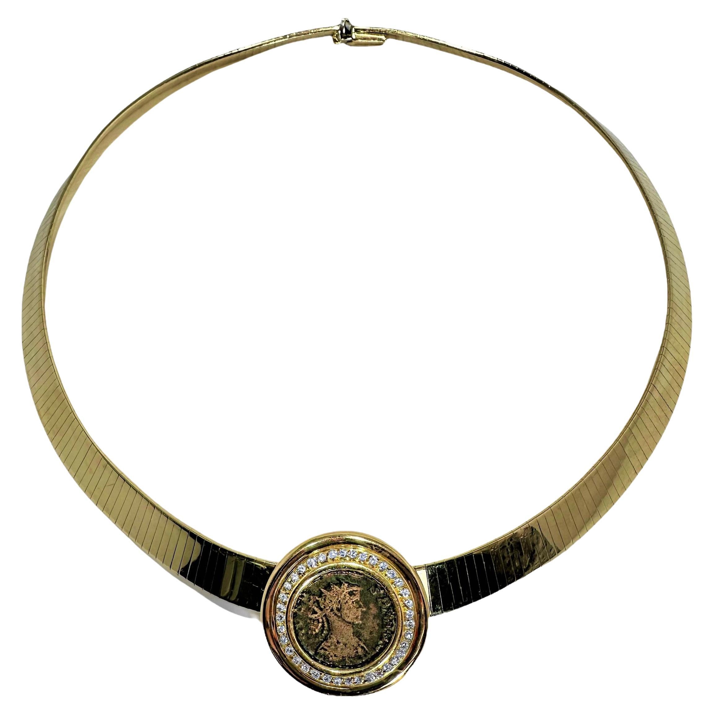 This tastefully designed Omega choker length necklace has, at it's center, a unique round disc pendant signed Tallarico, with an ancient bronze Roman coin surrounded by a single line of brilliant cut diamonds. The 5/16 inch wide Italian Omega