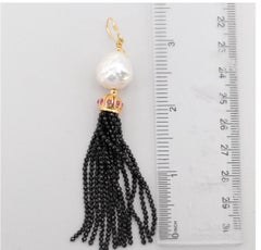 Gold on Sterling Silver Cultured Pearl, Ruby, Onyx Tassel Earrings