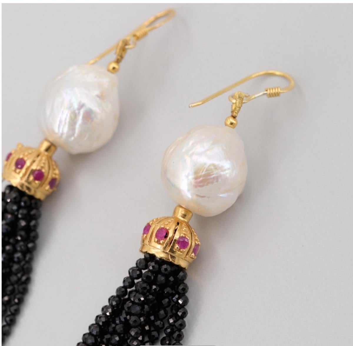 Women's Gold on Sterling Silver Cultured Pearl, Ruby, Onyx Tassel Earrings For Sale