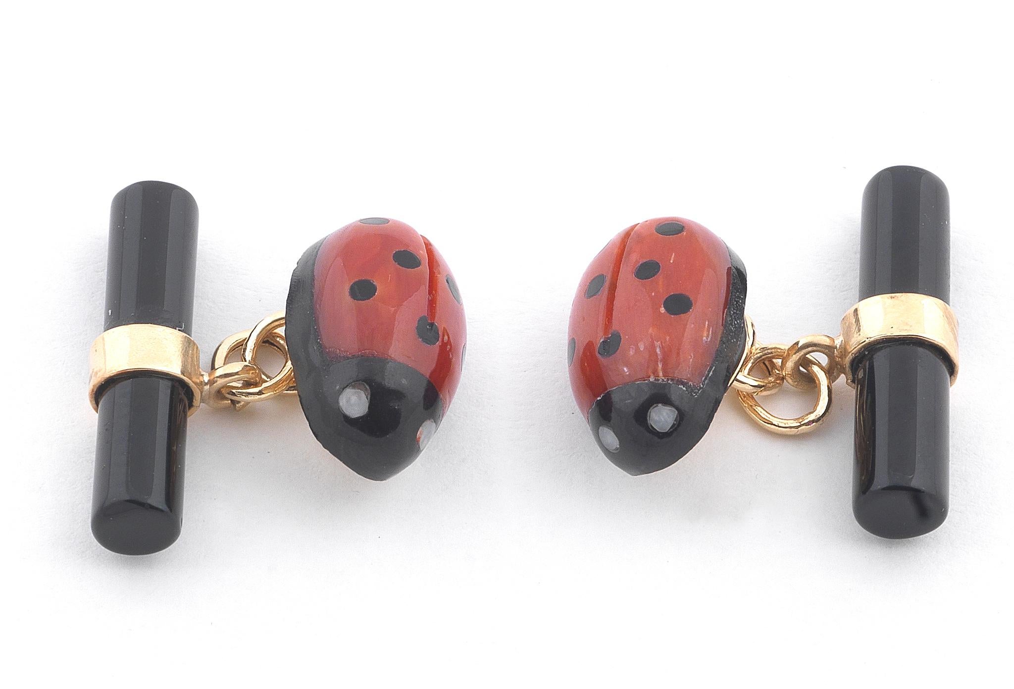 Contemporary Gold Onyx Ladybug Cufflinks For Sale