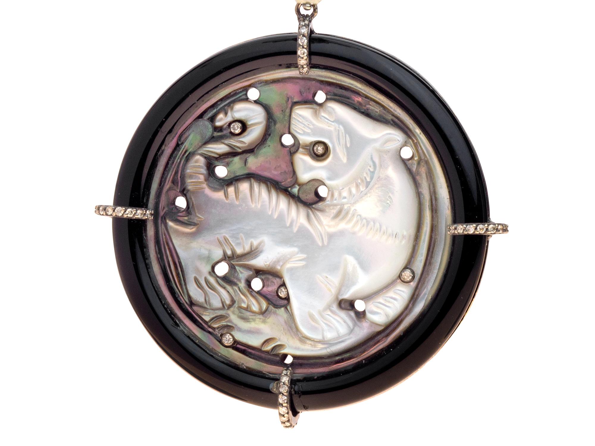 18kt gold onyx and diamonds ear pendants featuring  mother of pearl lions, applied to abalone  discs. Signed Bochic 750.