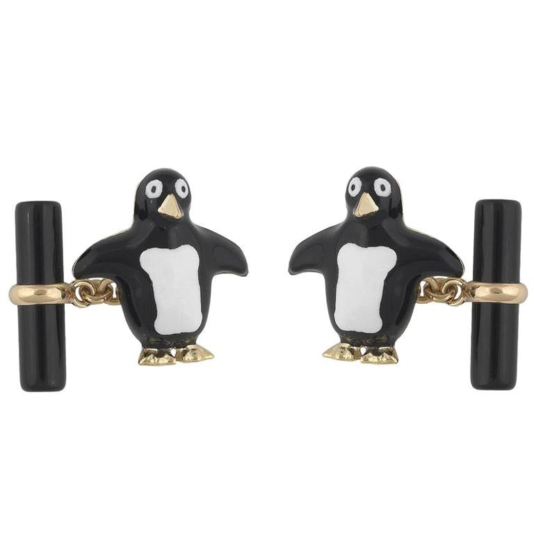 Gold Onyx Enamel Penguin Cufflinks For Sale