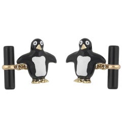 Gold Onyx Emaille Pinguin Manschettenknöpfe