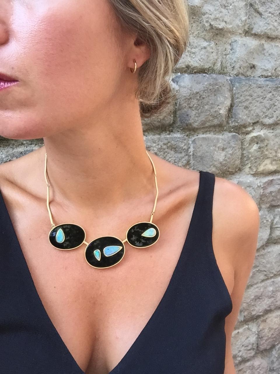 Women's Yellow Gold Onyx and Australian Opal Necklace For Sale