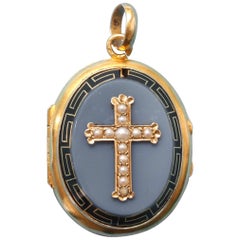 Antique Gold, Onyx, Pearl and Black Enamel Cross Locket