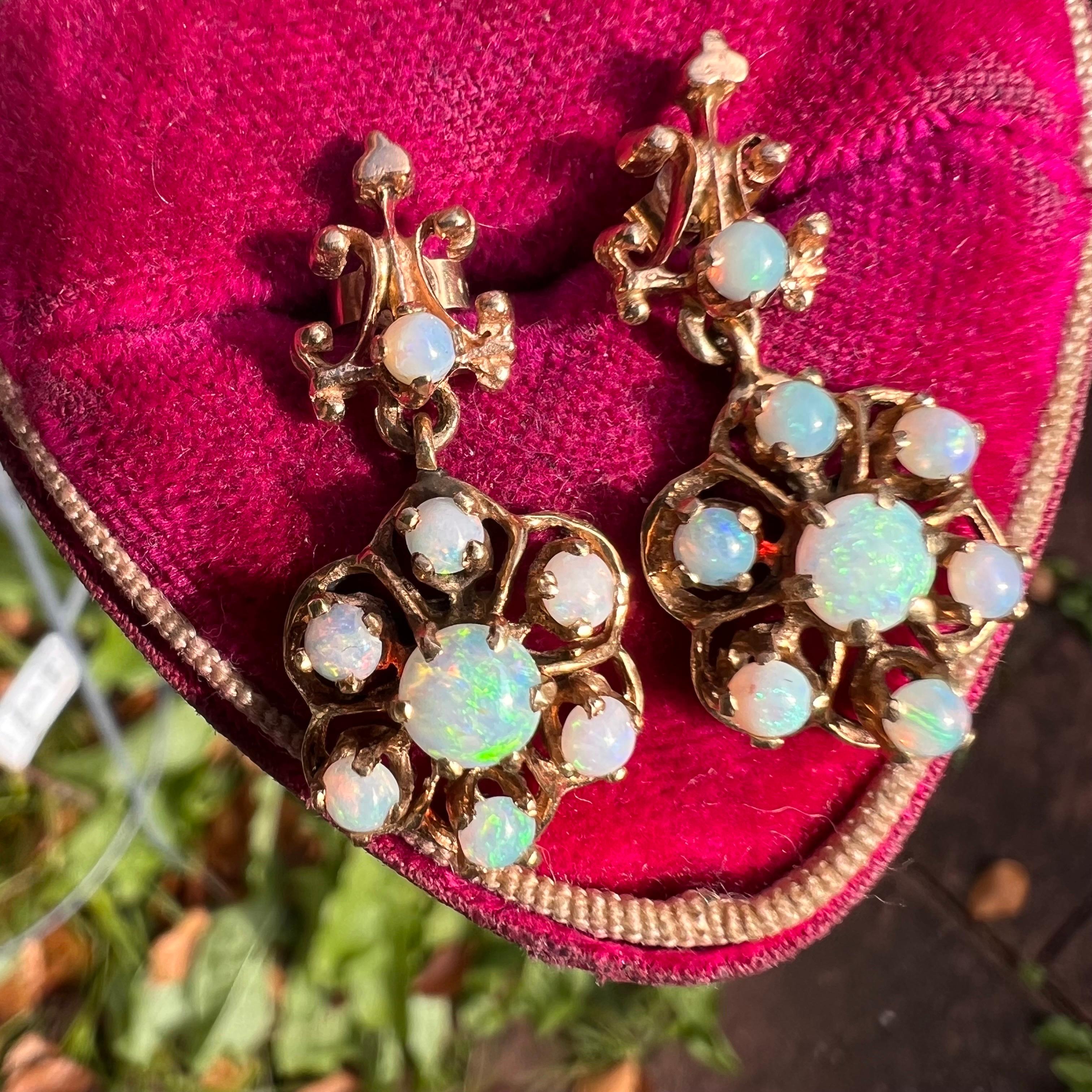 Gold Opal dangle Earrings Pireced ears Victorian revival jewelry  For Sale 6