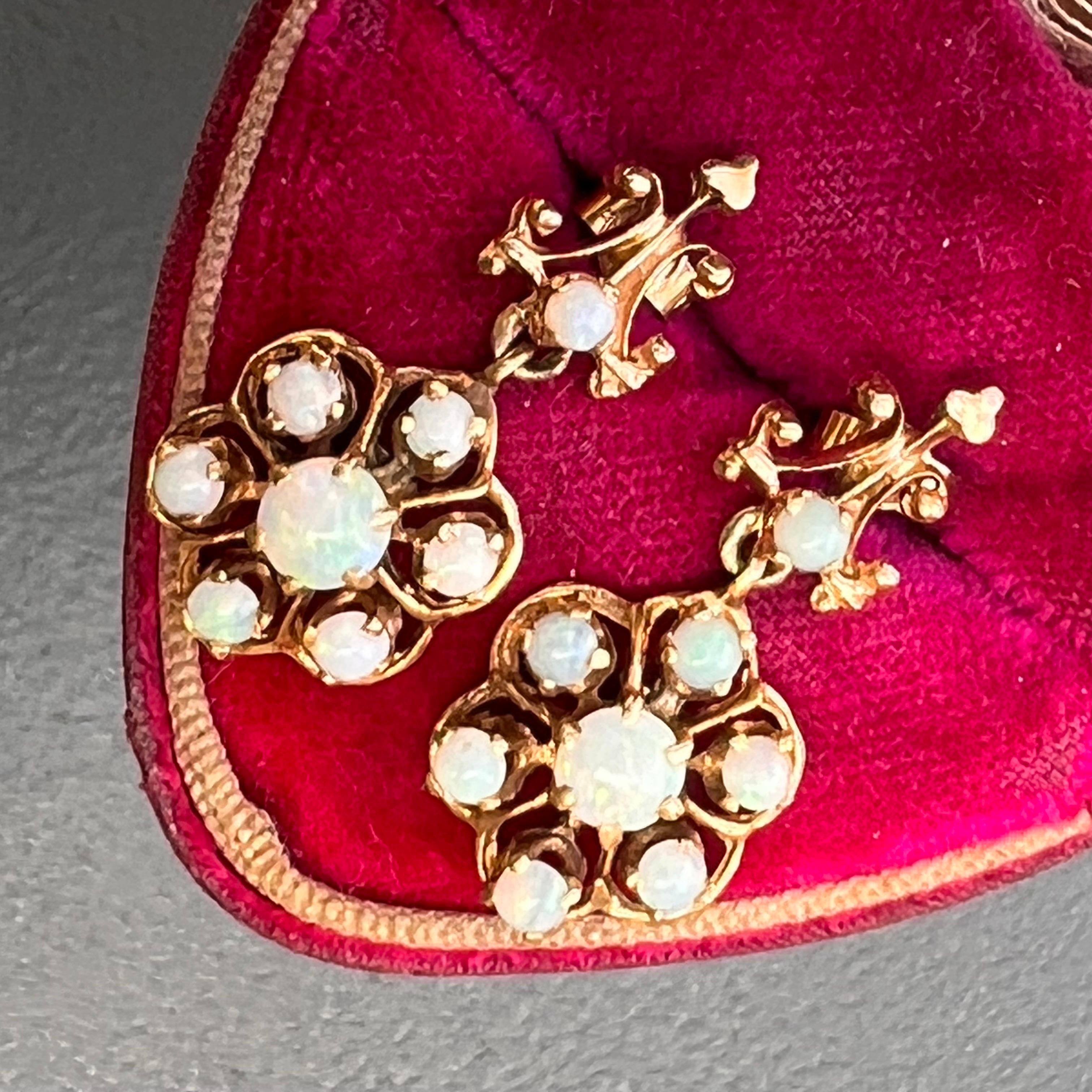 Women's Gold Opal dangle Earrings Pireced ears Victorian revival jewelry  For Sale