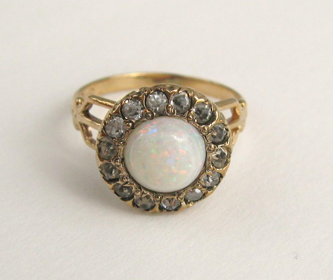 Rose Cut Gold Opal Diamond Halo Ring by Ostby & Barton For Sale