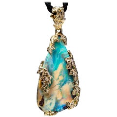Gold Opal Pendant 14 Karat Ivy Necklace Australian Opal Jewelry Mens Art Nouveau