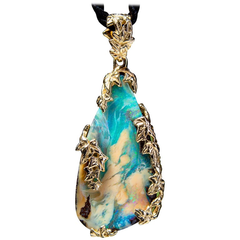 Opal Pendant 14 Karat Ivy Necklace Australian Opal Jewelry Mens Art Nouveau For Sale at 1stDibs | opal mens necklace, jewelry necklace, mens opal necklace