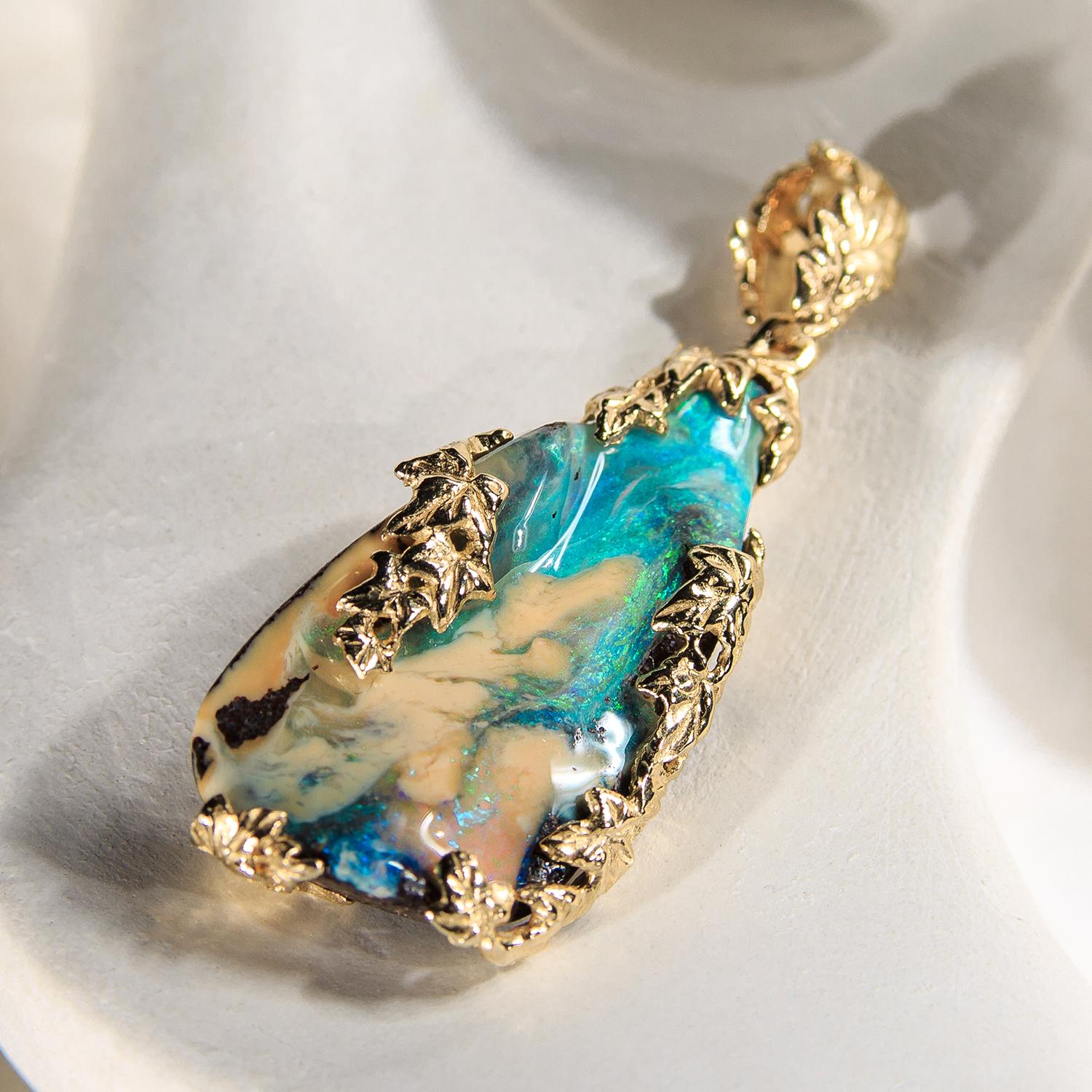 Gold Opal Anhänger 14 Karat Efeu Halskette australischen Opal Schmuck Herren Jugendstil 1