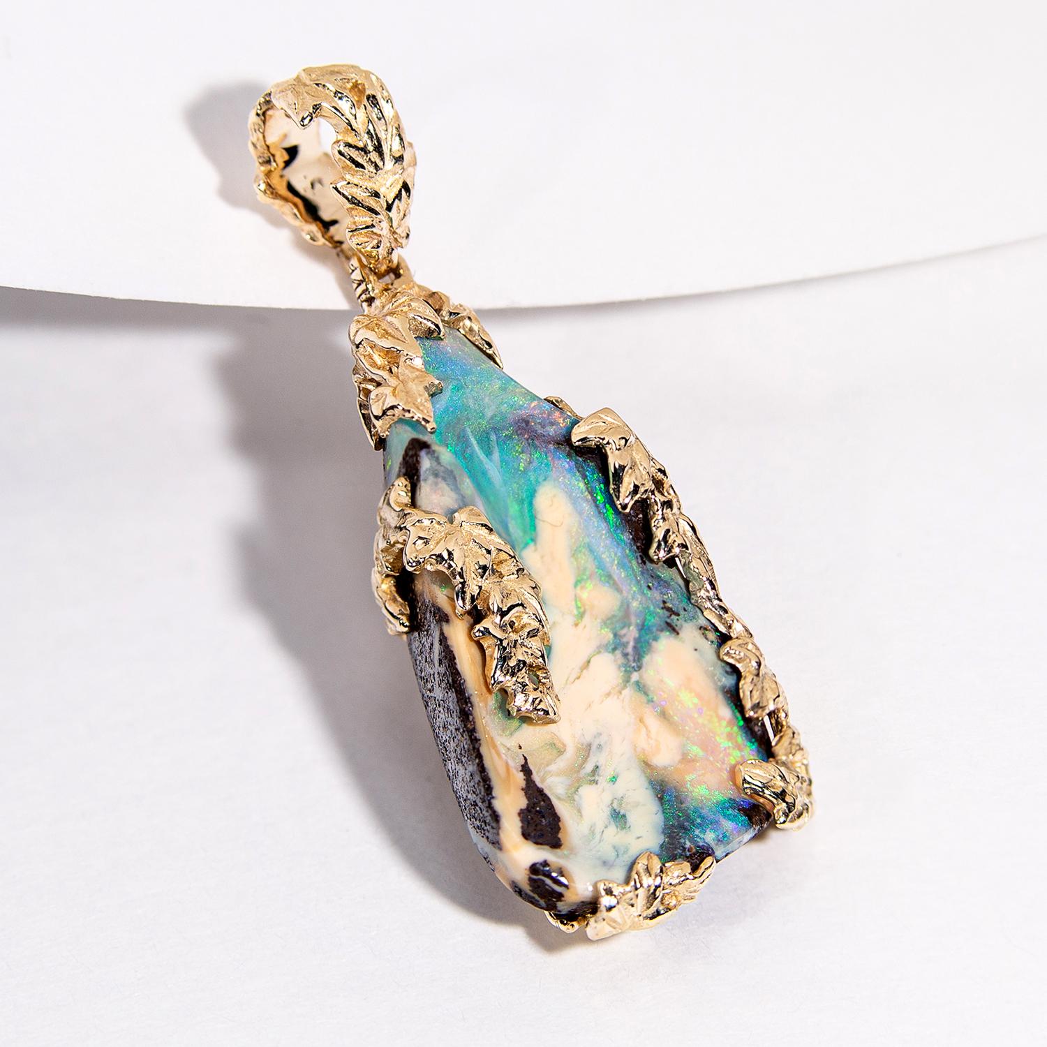 Gold Opal Anhänger 14 Karat Efeu Halskette australischen Opal Schmuck Herren Jugendstil 2