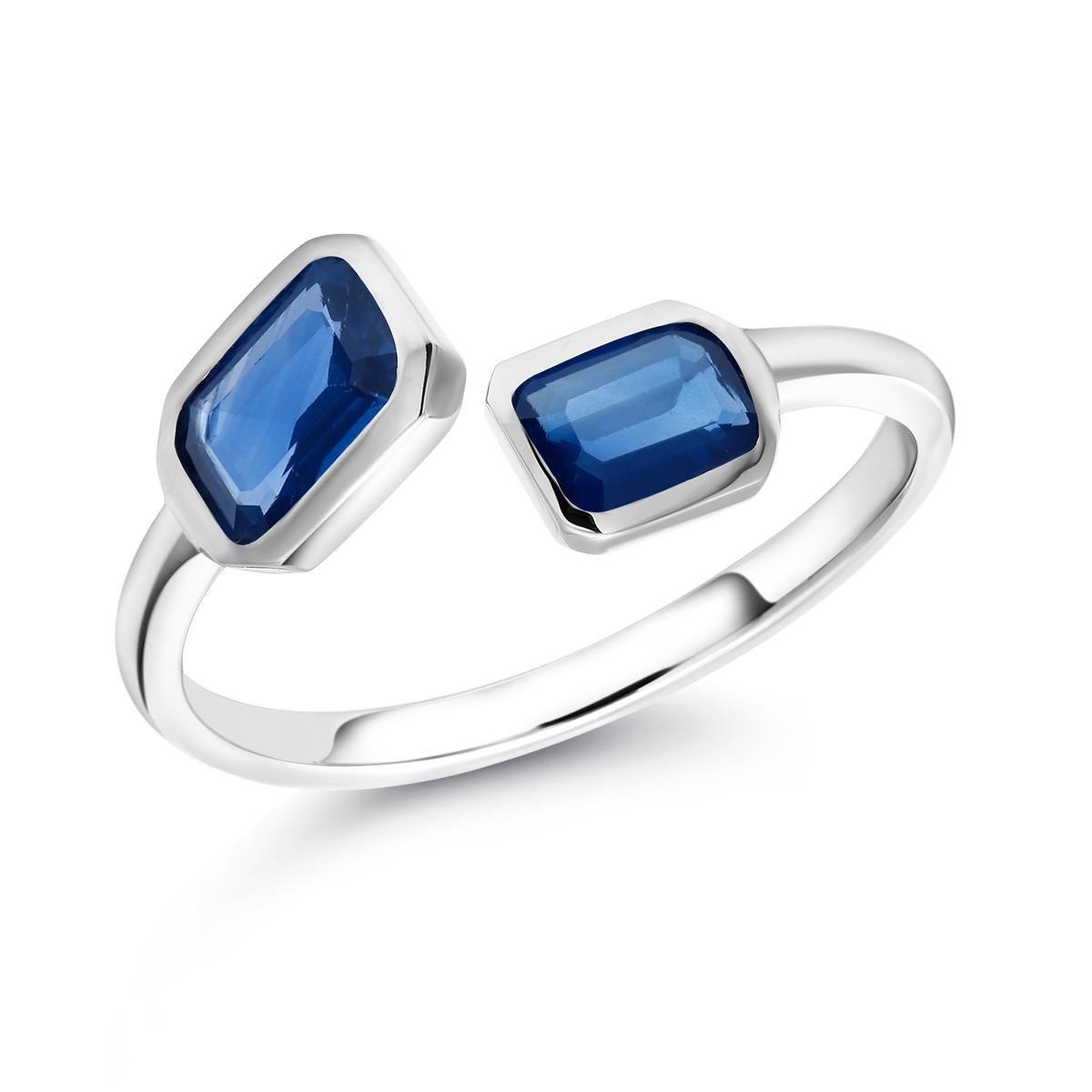 Women's Two Matched Sapphire Bezel Set in Open Shank Cocktail White Gold Ring 