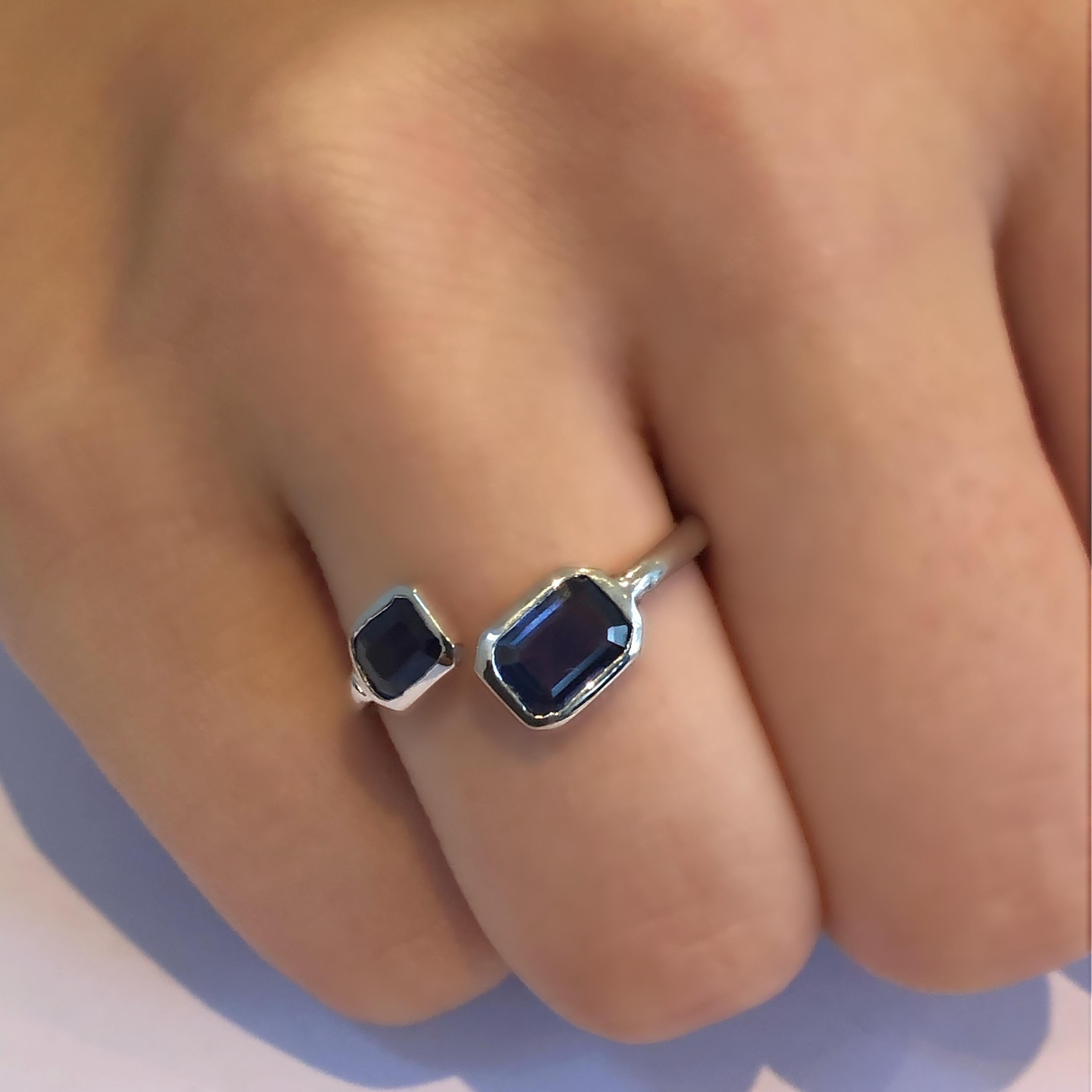 Two Matched Sapphire Bezel Set in Open Shank Cocktail White Gold Ring  1