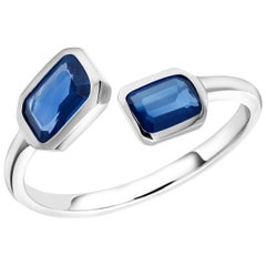 Two Matched Sapphire Bezel Set in Open Shank Cocktail White Gold Ring 