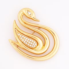 Gold Openwork Swan Brooch With Crystal Pavé By Lady Remington, 1980s
