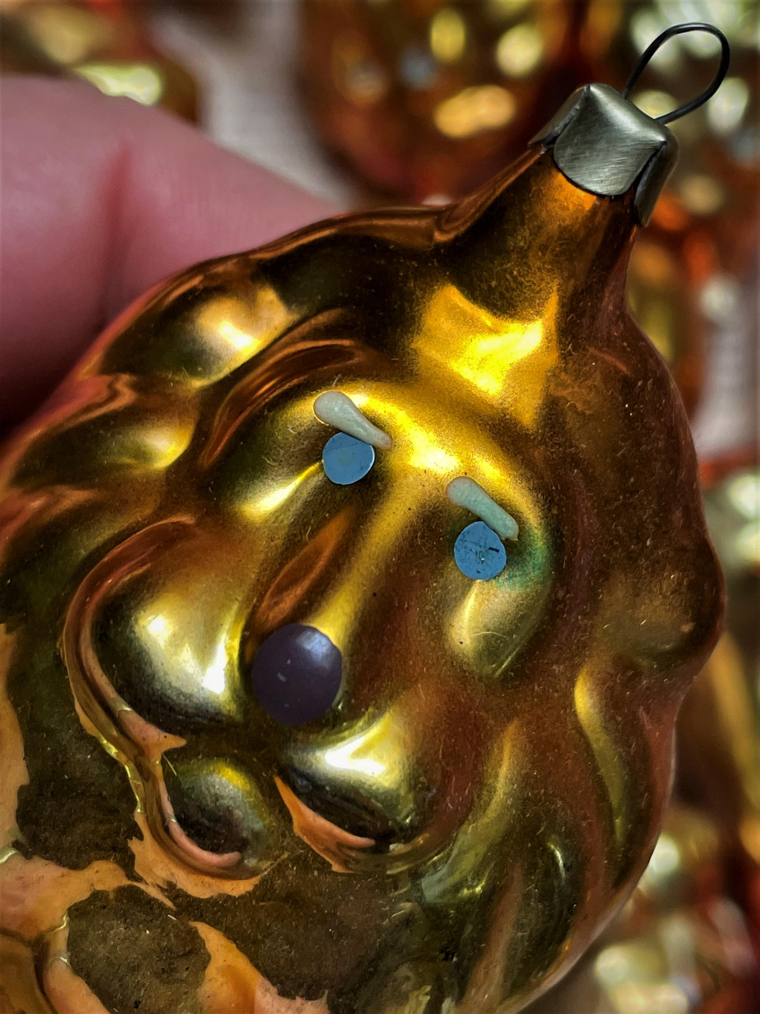 Folk Art Gold & Orange Blown Mercury Glass Circus Lion Christmas Tree Ornament  For Sale