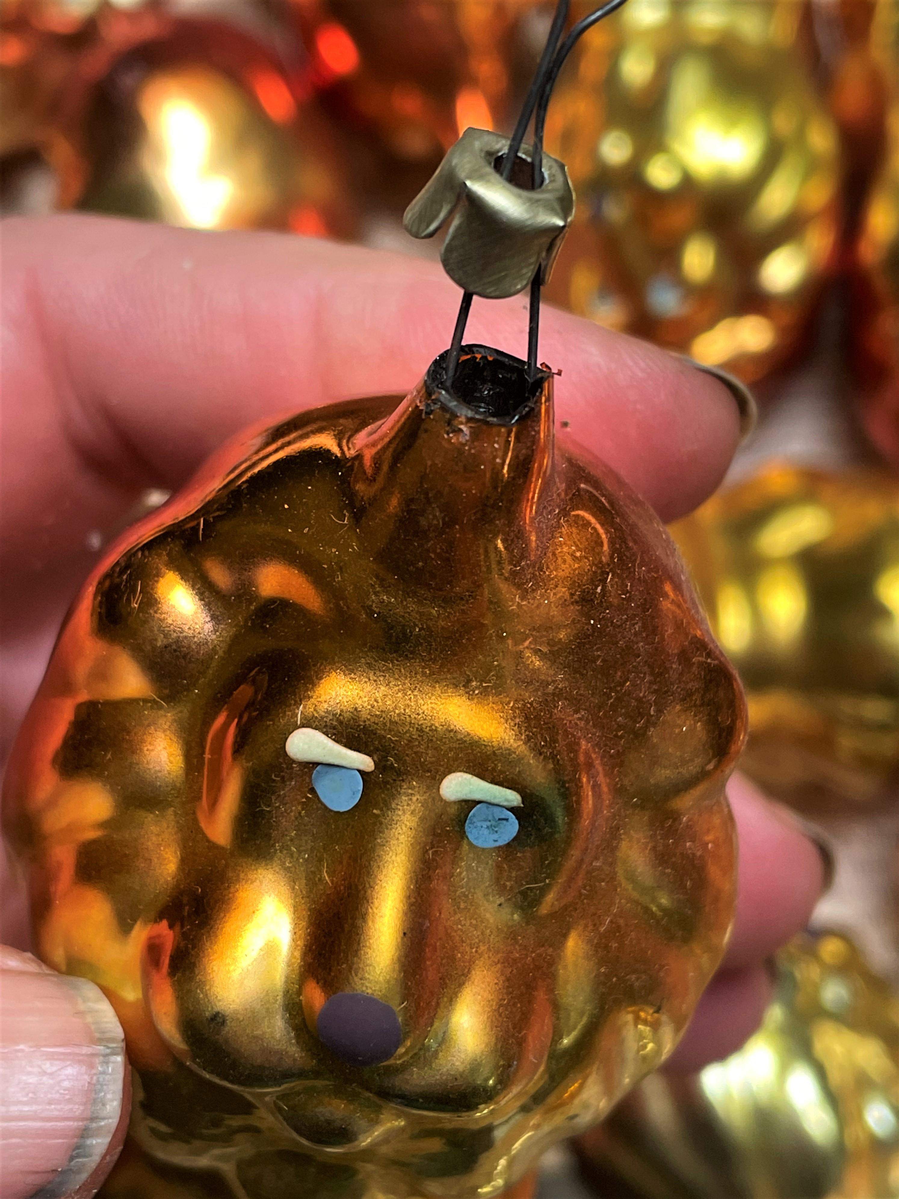 Unknown Gold & Orange Blown Mercury Glass Circus Lion Christmas Tree Ornament  For Sale
