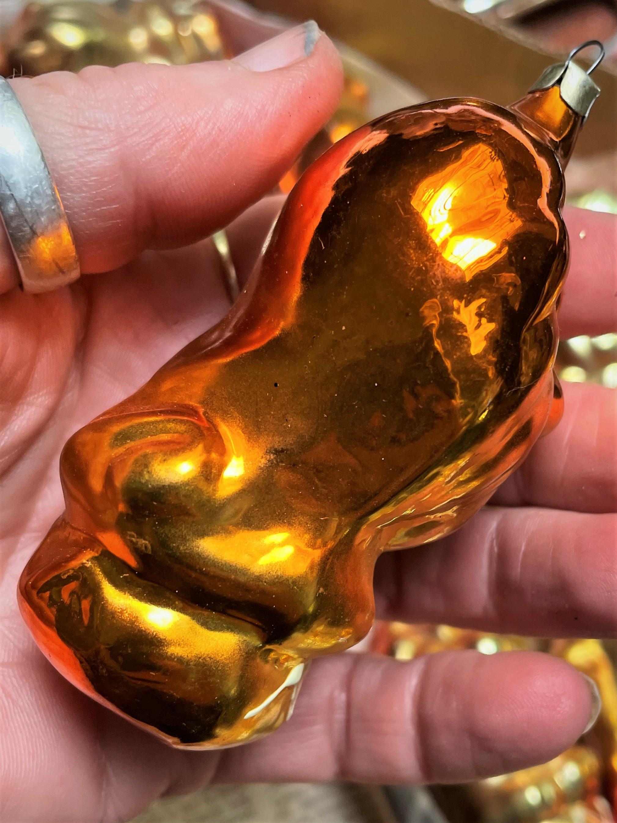 Blown Glass Gold & Orange Blown Mercury Glass Circus Lion Christmas Tree Ornament  For Sale