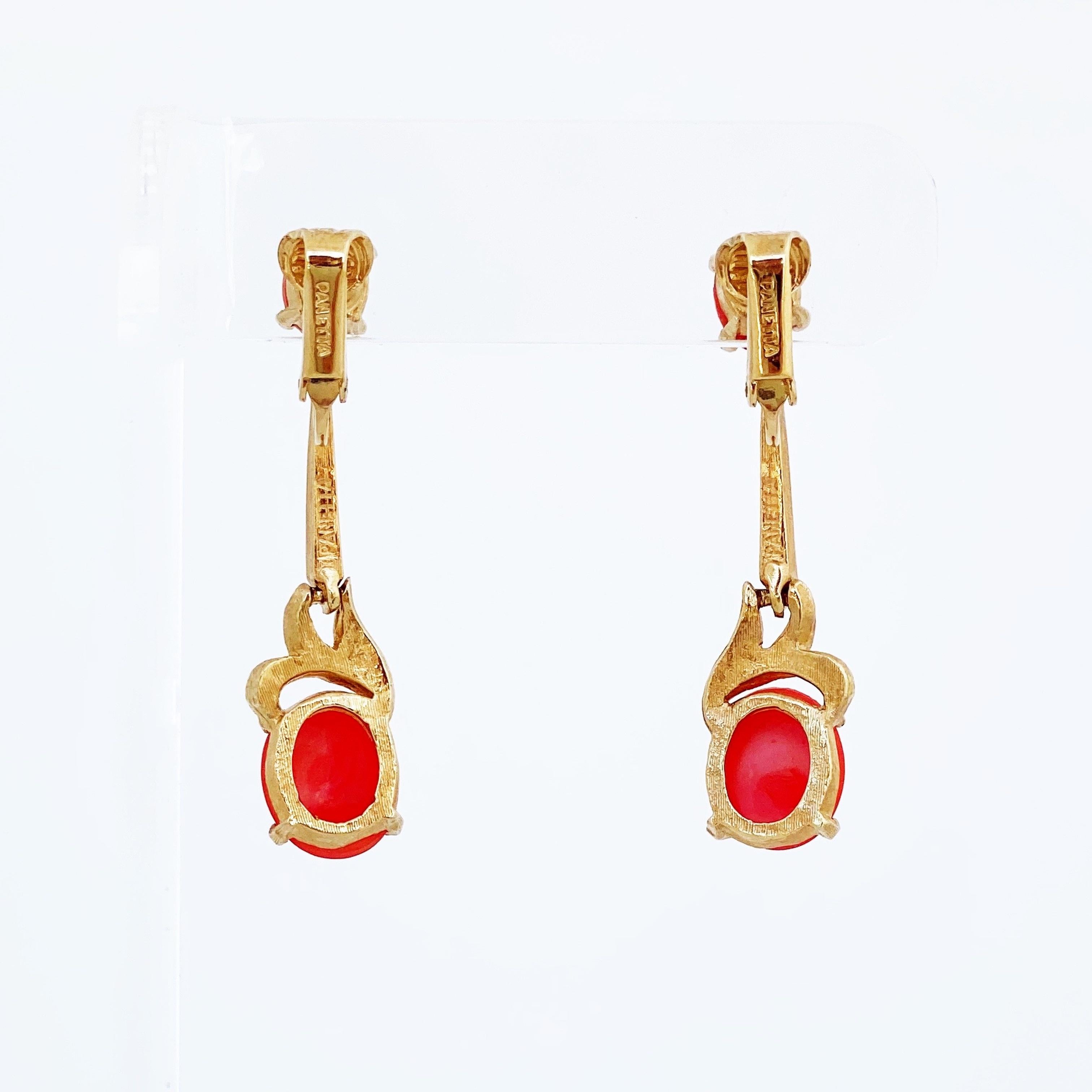 Gold & Orange Cabochon Drop Earrings by Panetta, 1970s In Good Condition In McKinney, TX
