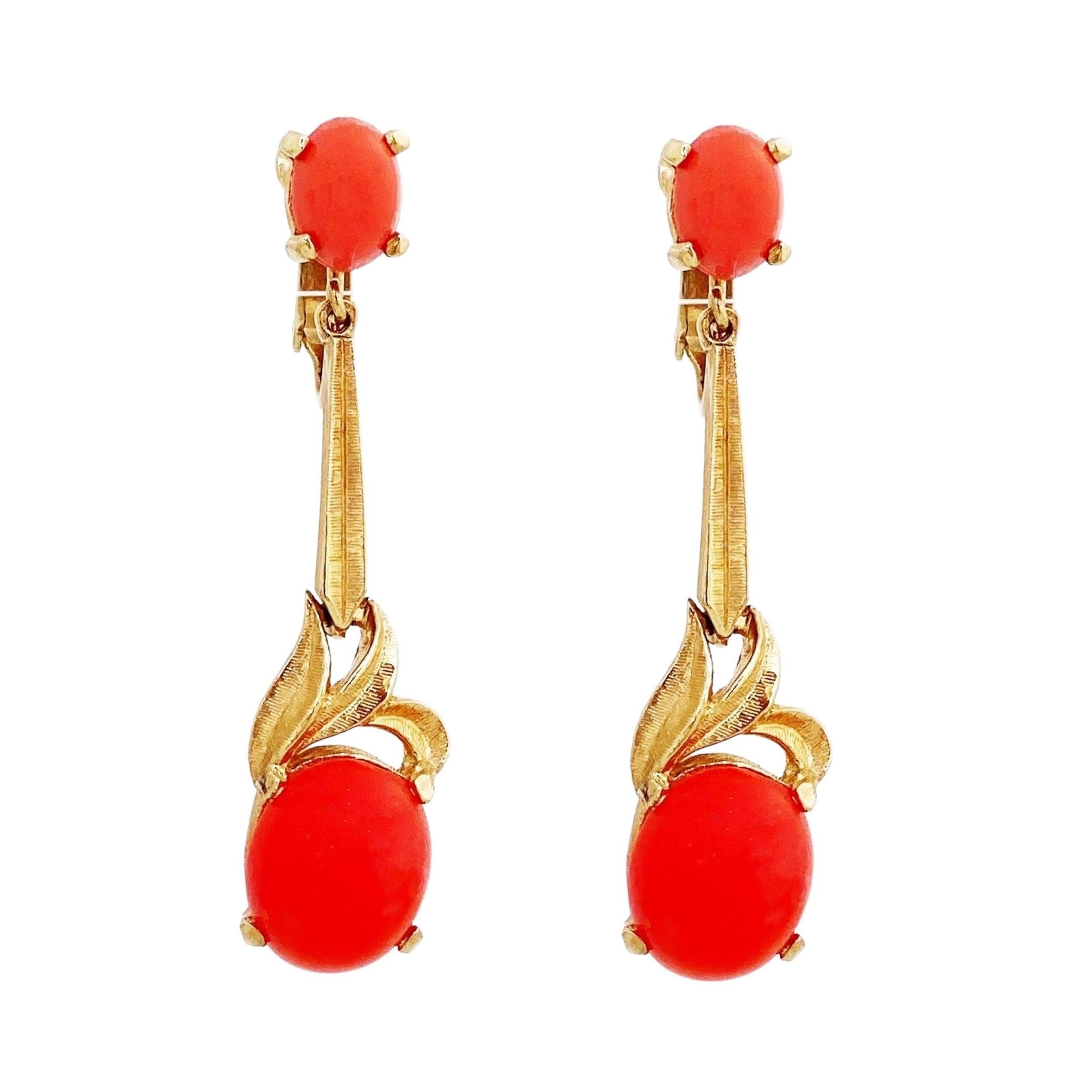 Gold & Orange Cabochon Drop Earrings by Panetta, 1970s