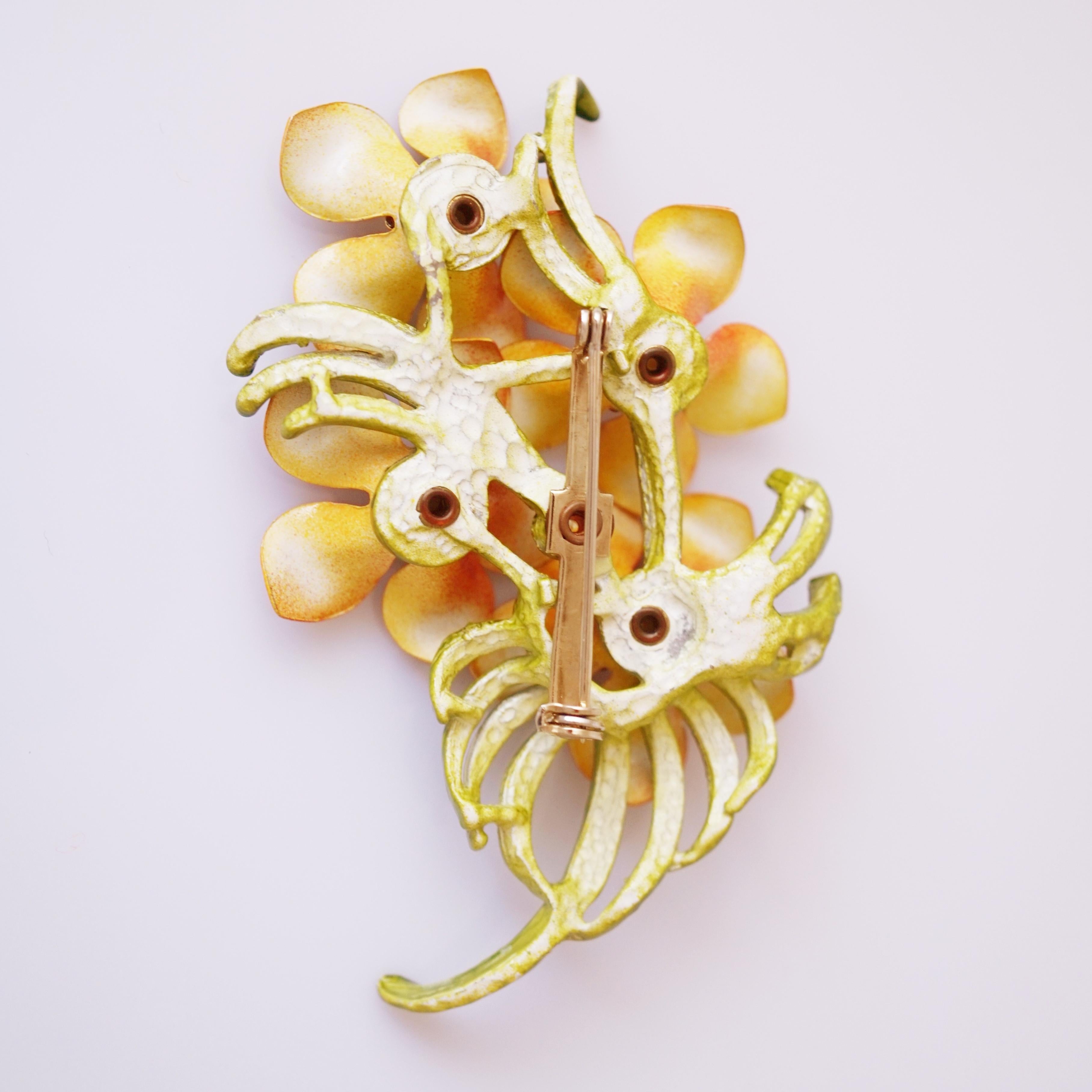 Modern Gold & Orange Enameled Flower Bouquet Brooch, 1950s For Sale