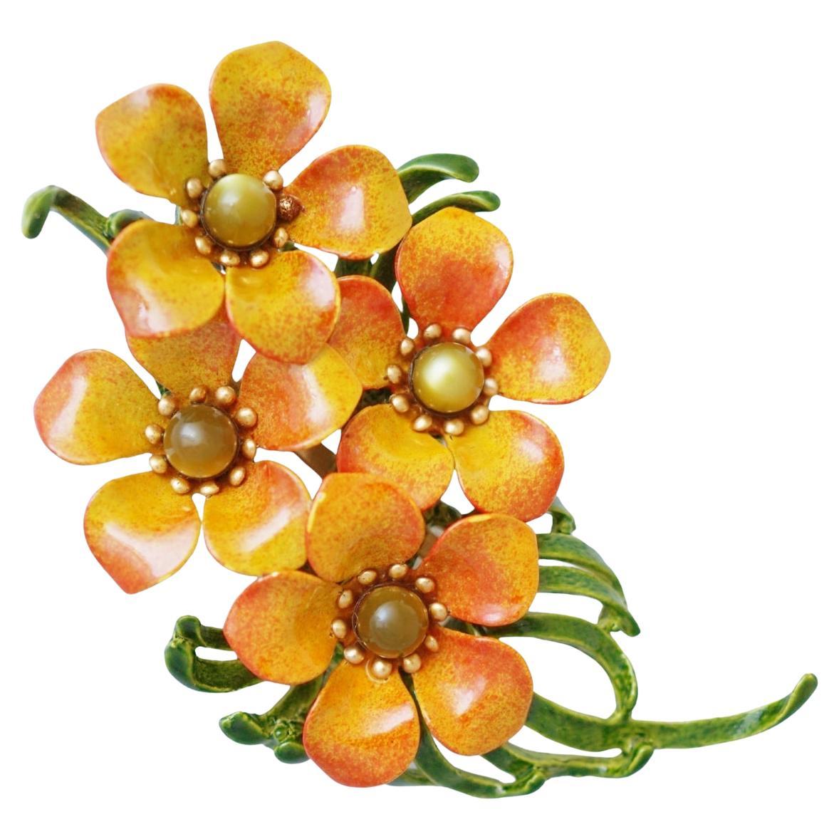 Gold & Orange Enameled Flower Bouquet Brooch, 1950s