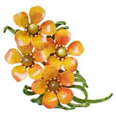 Gold & Orange Enameled Flower Bouquet Brooch, 1950s